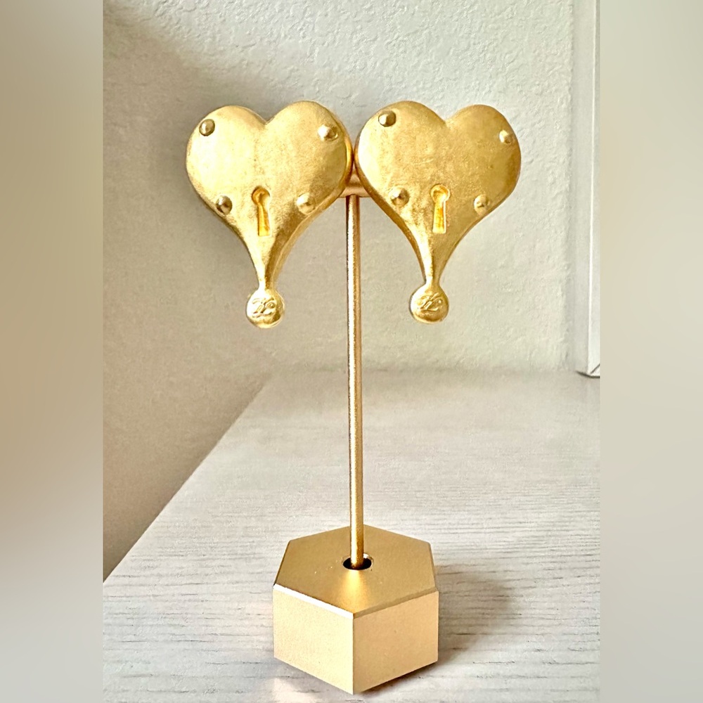 VINTAGE RARE KARL LAGERFELD GOLD PLATED HEART PADLOCK CLIP-ON EARRINGS